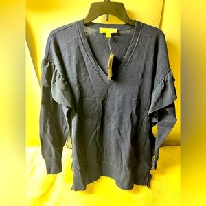 Michael Kors Women’s Navy V-Neck Sweater Size Medium with Ruffles NEW $110